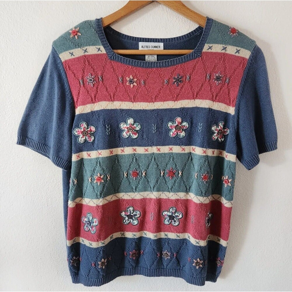 Vintage Alfred Dunner Short Sleeve Floral Pullover Sweater Cottagecore Sz PL